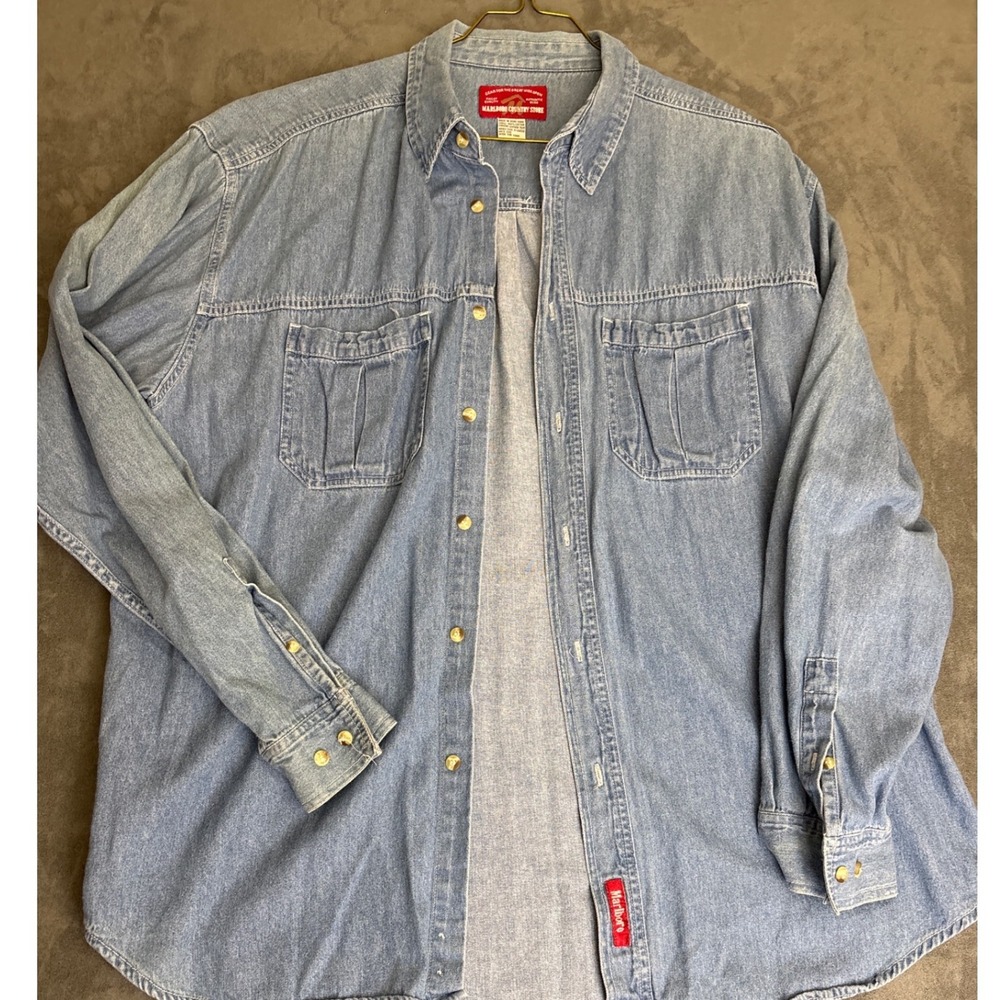 Vintage Marlboro Country Store Denim Shirt Mens XL Light Wash Workwear Blue